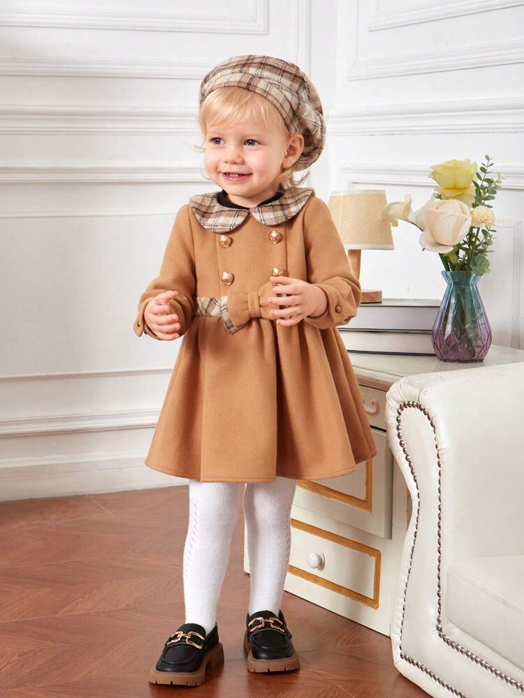 Baby Girl Plaid Print Peter Pan Collar Double Breasted Dress