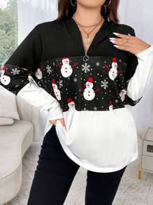Calvaya Plus Size Christmas Snowman Print Half Zip Sweatshirt - Black and White - View 3