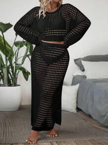 SHEIN LUNE Talla grande tejido abierto Jersey & de muslo con abertura Falda de punto sin set de lencería - Negro - Ver 3