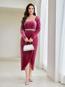 Modelyn Plus Rhinestone Detail Wrap Hem Velvet Dress Without Belt Long Evening Dresses