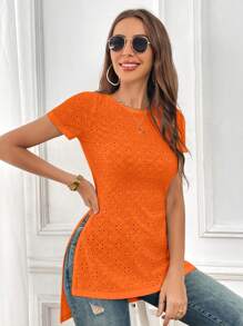 SHEIN Essnce Eyelet Embroidery Split Hem Tee - Orange - View 5