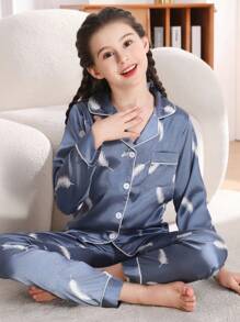 Bộ Đồ Ngủ Satin Satin Quần Dài Quần Dài Phối Nút Lụa Kiểu Áo Cardigan Dài Tay Mềm Mại Và Thoải Mái Dễ Thương Thích Hợp Cho Trẻ Em Từ 8-13 Tuổi Xuân Thu Bộ Hai Mảnh Loungewear - Màu xanh lam - Xem 1