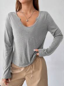 SHEIN EZwear Camiseta unicolor de cuello notch - Gris Claro - Ver 4