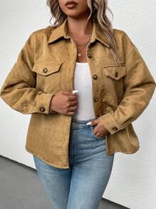 SHEIN LUNE Talla grande Cazadora de hombros caídos con bolsillo con solapa - Caqui - Ver 3