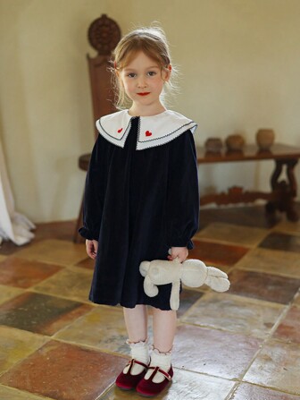 Girls' Velvet High Collar Heart Patchwork Vintage Dress, Baby Autumn/Winter Elegant Flattering Princess Dress, Children French Christmas New Year Party Dress