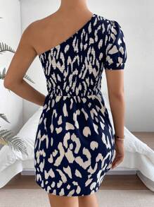 Pariaura Allover Print One Shoulder Twist Front Dress - Navy Blue - View 2