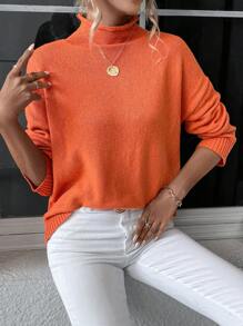 Chiquease Suéter de cuello alto con hombros caídos, parte superior de manga larga de punto, suéter de punto para otoño e invierno - Naranja Quemada - Ver 6