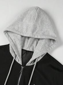Manfinity Homme 1件男士寬鬆款字母印花拉鍊連帽夾克,帶束口 - 黑色 - 查看 6