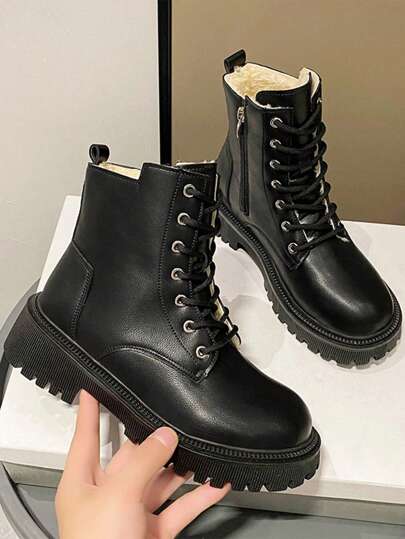 Fall/Winter New Arrival Women's Fashionable Plain Snow Boots, Lace-Up Front And Side Zipper Black Snow Boots,Fur Boots