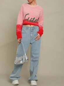 SHEIN EZwear Letter Pattern Drop Shoulder Crop Sweater - Pink - View 6