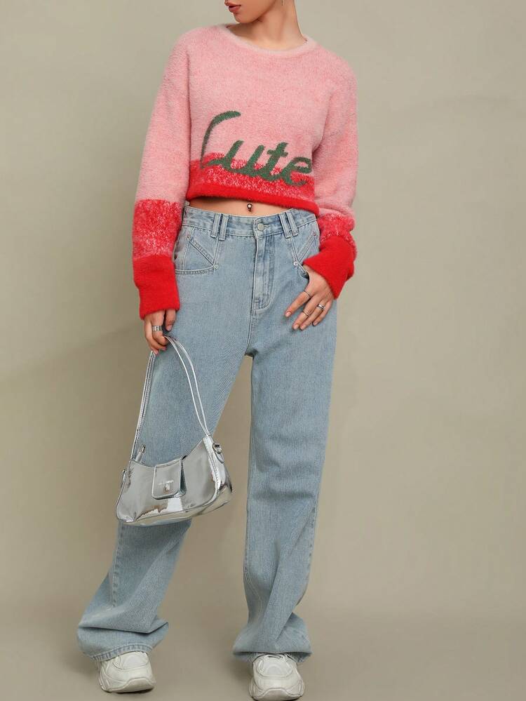 Letter Pattern Drop Shoulder Crop Sweater