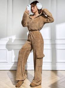 SHEIN EZwear Drop Shoulder Drawstring Hoodie & Flap Pocket Pants - Khaki - View 1