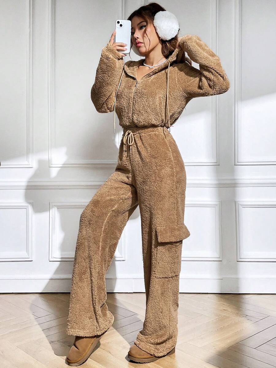 SHEIN EZwear Drop Shoulder Drawstring Hoodie & Flap Pocket Pants - Khaki - View 1