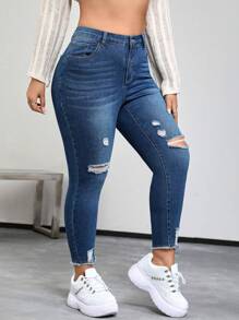 SHEIN EZwear Plus Ripped Raw Cut Skinny Jeans