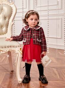 SHEIN Baby Girl Plaid Print Statement Collar Jacket & Mesh Overlay Dress