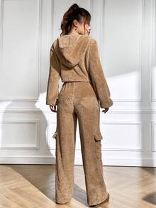 SHEIN EZwear Drop Shoulder Drawstring Hoodie & Flap Pocket Pants - Khaki - View 2