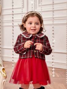 SHEIN Baby Girl Plaid Print Statement Collar Jacket & Mesh Overlay Dress