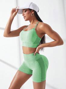 SHEIN Core Rhythm 無縫運動內衣背心連車手短褲，女排球套裝 - 綠色 - 查看 2