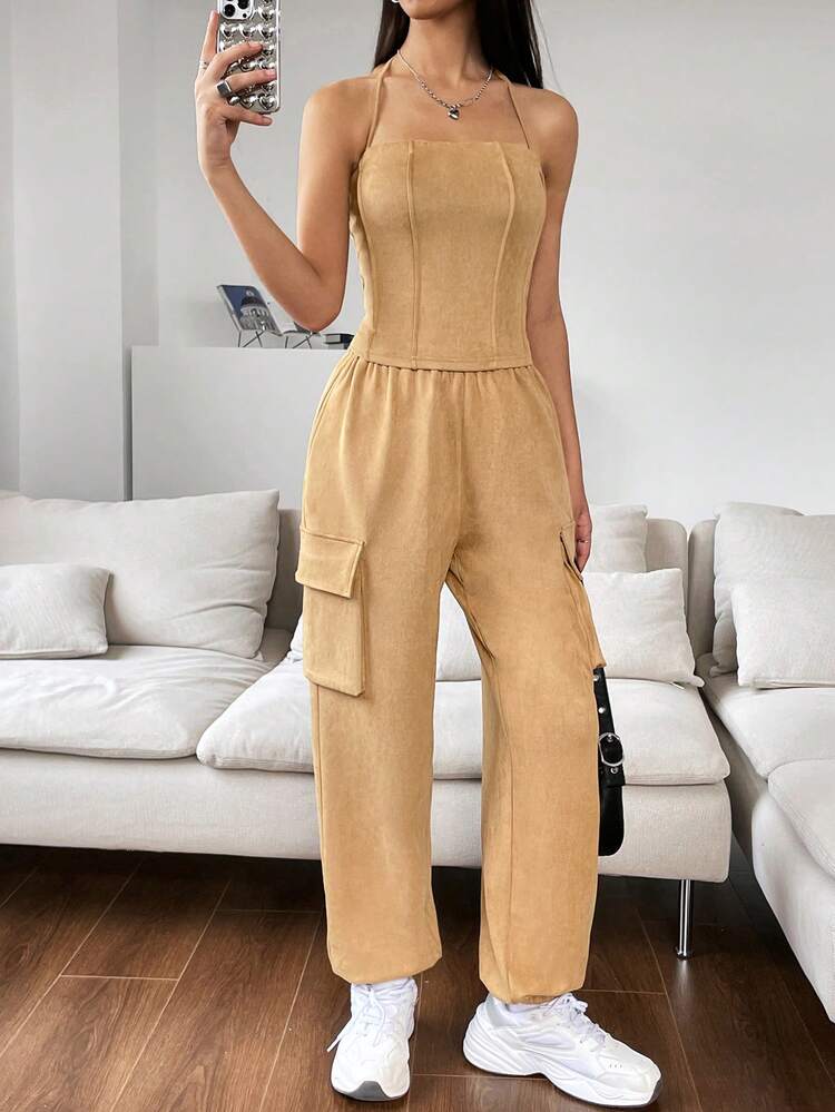 Solid Halter Top & Flap Pocket Side Cargo Pants