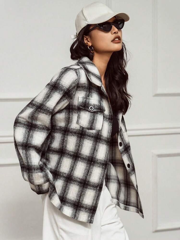 Plaid Print Flap Pocket Overcoat