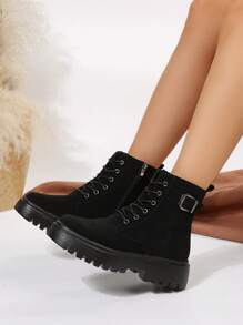 Giày bốt đế xuồng thời trang thu đông 2025 dành cho nữ, giày bốt đen buộc dây cổ điển có khóa kéo bên hông, bốt cổ ngắn đến mắt cá chân - màu đen - Xem 6