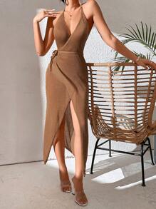 Swim Vcay Halter Neck Backless Tie Side Cover Up Dress Without Bikini Panty, For Summer Beach Vacation - Coffee Brown - View 3