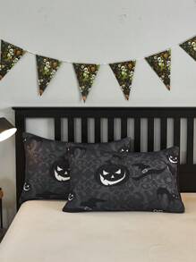 3 pièces Ensemble De Housse De Couette Profond Gris Halloween Chat Astronaute , Citrouille , Motif Chauve-Souris Imprimé En Polyester