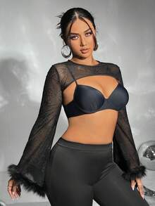 SHEIN ICON Plus Fuzzy Cuff Super Crop Top Without Bra - Black - View 5