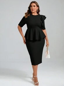 SHEIN Clasi Plus Ruffle Trim Peplum Top & Skirt - Black - View 5