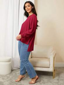 SHEIN LUNE Hơn Thả vai Hem cao thấp Áo thun - Màu Đỏ Sâu - Xem 4