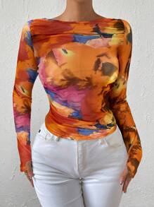 Allurite Tie Dye Boat Neck Mesh Top - Orange - View 4