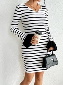 Chiquease 條紋圖案毛茸茸袖口毛衣洋裝 - 黑與白 - 查看 6