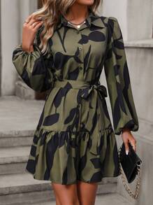 SHEIN LUNE Allover Print Lantern Sleeve Ruffle Hem Belted Shirt Dress