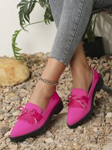 女式麻花邊和蝴蝶結裝飾厚底尖頭粗跟珍鞋,黑色