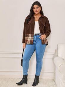 SHEIN Frenchy Chaqueta de pana con hombros caídos y panel de cuadros - Camel - Ver 1