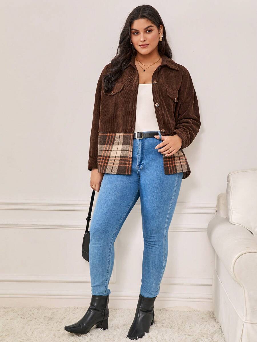 SHEIN Frenchy Chaqueta de pana con hombros caídos y panel de cuadros - Camel - Ver 1