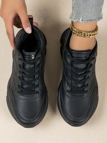 新品pu皮革輕便軟底女性休閒運動跑步鞋,全黑工作和旅行鞋 - 黑色 - 查看 1