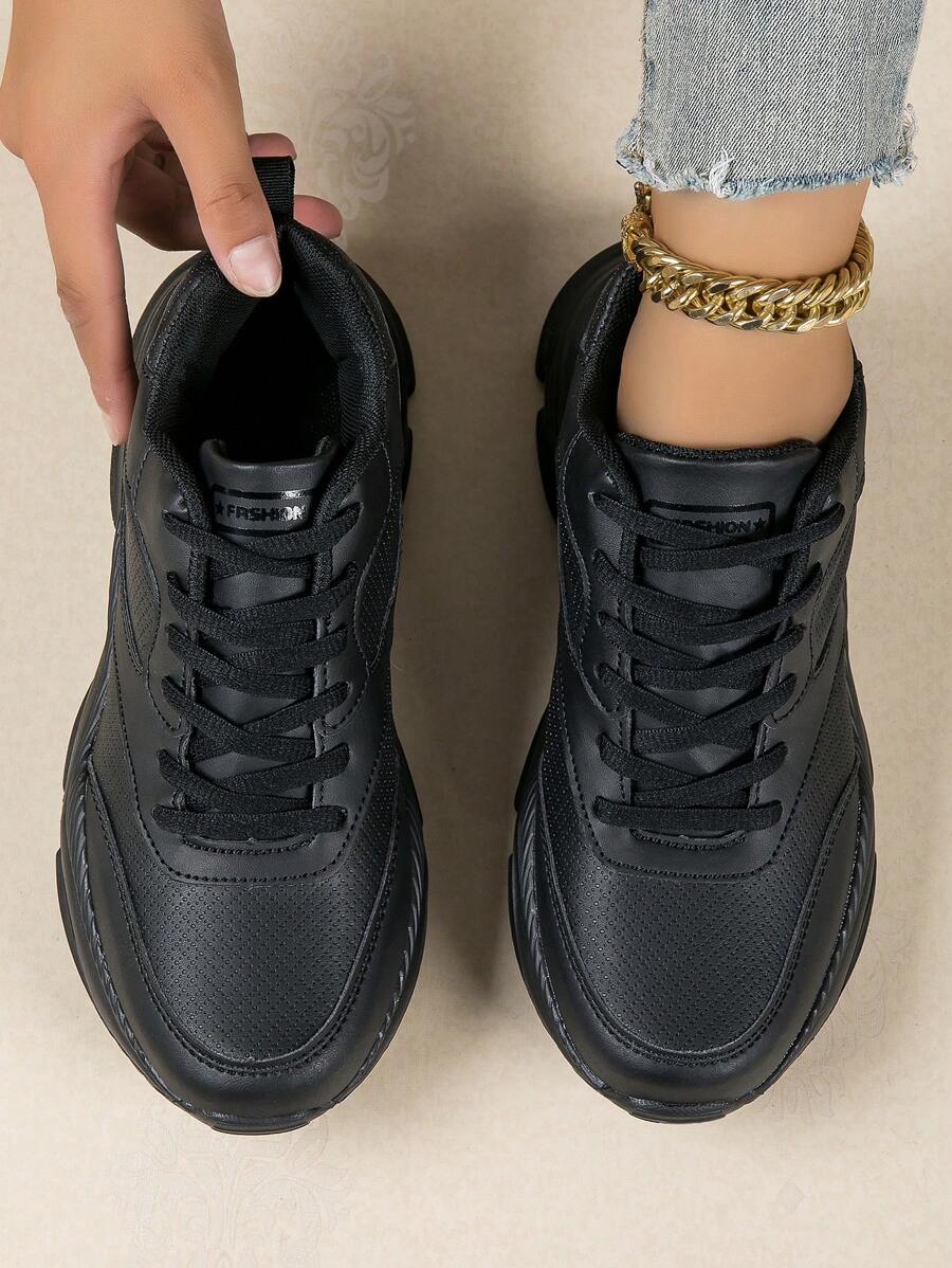 新品pu皮革輕便軟底女性休閒運動跑步鞋,全黑工作和旅行鞋 - 黑色 - 查看 1