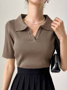 DAZY 净色罗纹针织上衣 - 駝色 - 查看 3