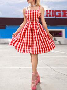 SHEIN Unity Women's Plaid Print Casual Retro Strap Dress - Red - View 1
