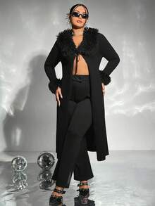 SHEIN ICON 大碼毛絨裝飾正面繫帶開衫 - 黑色 - 查看 4