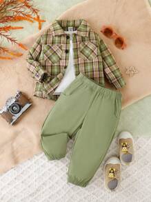 Baby Boy Plaid Print Shirt & Pants & Tee - Green - View 1