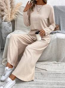 SHEIN LUNE Áo phông trơn & Quần ống rộng - Màu Khaki - Xem 5