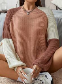 Flirla Plus Colorblock Raglan Sleeve Sweater, For Winter Knit Pullover Fall Autumn - Multicolor - View 4
