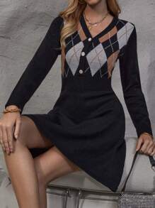SHEIN LUNE Argyle Pattern Button Front Sweater Dress - Black - View 4
