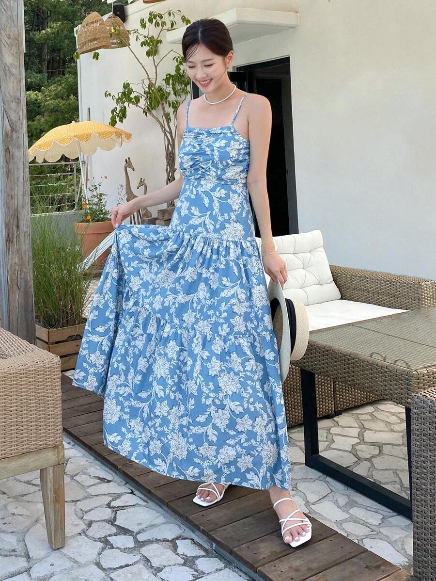 DAZY Vestido de tirantes con estampado floral bajo con fruncido - Azul - Ver 1