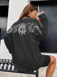 SHEIN Unity Sun & Moon Print Drop Shoulder Tee - Grey - View 5