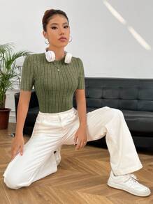 SHEIN EZwear Solid Ribbed Knit Tee - Army Green - View 4