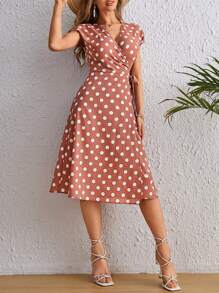 SHEIN Clasi 波點圖案側打結圍裹式洋裝 - 藕粉色 - 查看 3