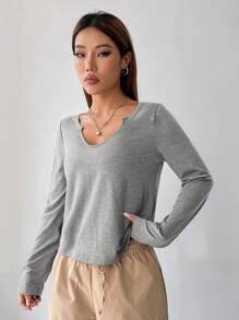 SHEIN EZwear Camiseta unicolor de cuello notch - Gris Claro - Ver 6